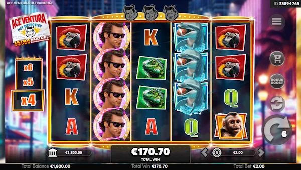 Screenshot of Ace Ventura Ultranudge slot demo showing reels and bonus game features