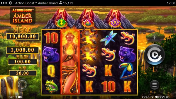 Action Boost Amber Island base game screenshot showing reels and features