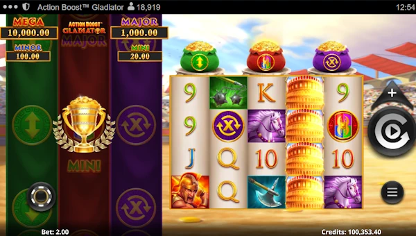 Action Boost Gladiator base game screenshot showing reels and features
