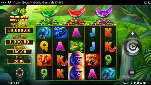 Action Boost Gorilla Gems base game screenshot showing reels and features