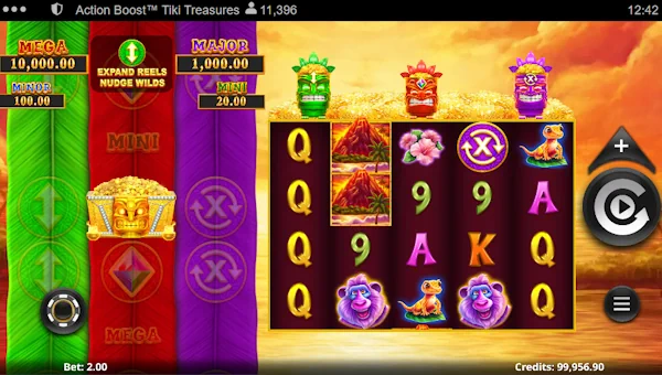 Action Boost Tiki Treasures base game screenshot showing reels and features