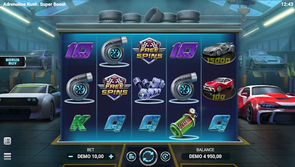 Adrenaline Rush Super Boost base game screenshot showing reels and features