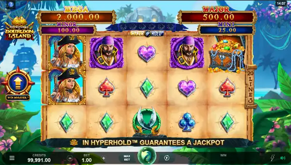 Adventures of Doubloon Island base game screenshot showing reels and features
