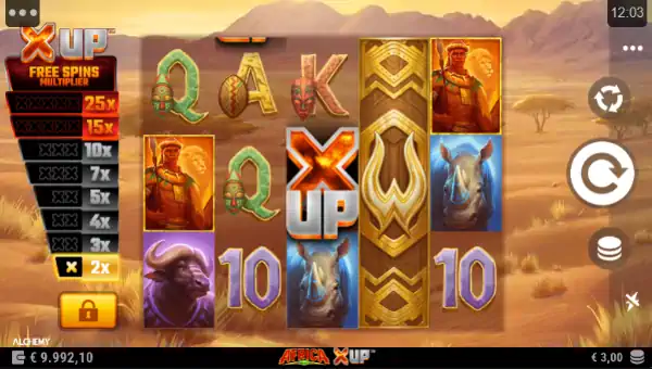 Africa X Up base game screenshot showing reels and features