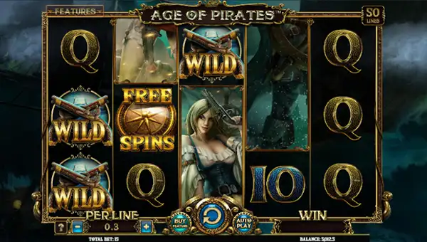Age of Pirates base game screenshot showing reels and features