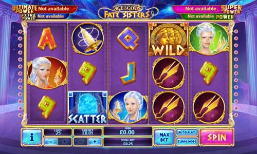 Age of the Gods Fate Sisters base game screenshot showing reels and features
