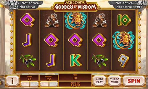 Age of the Gods Goddess of Wisdom base game screenshot showing reels and features