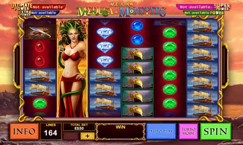 Age of the Gods Medusa and Monsters base game screenshot showing reels and features