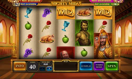 Age of the Gods Mighty Midas base game screenshot showing reels and features