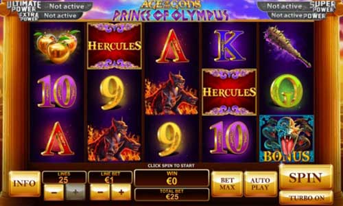 Age of the Gods Prince of Olympus base game screenshot showing reels and features