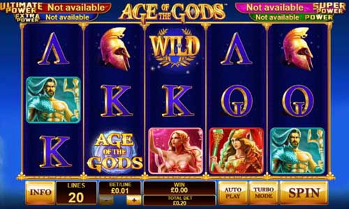 Age of the Gods base game screenshot showing reels and features