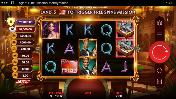 Agent Blitz Mission Moneymaker base game screenshot showing reels and features