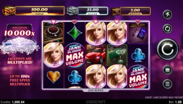 Agent Jane Blonde Max Volume base game screenshot showing reels and features