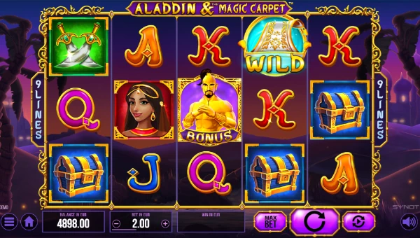 Aladdin and the Magic Carpet base game screenshot showing reels and features