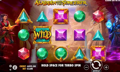 Aladdin and the Sorcerer base game screenshot showing reels and features