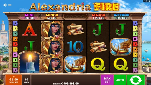 Alexandria Fire base game screenshot showing reels and features