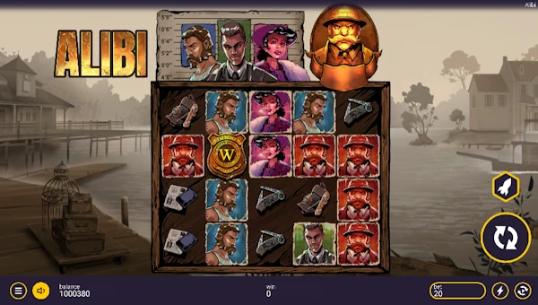 Alibi base game screenshot showing reels and features