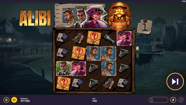 Screenshot of Alibi slot demo showing reels and bonus game features