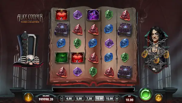 Alice Cooper Tome of Madness base game screenshot showing reels and features