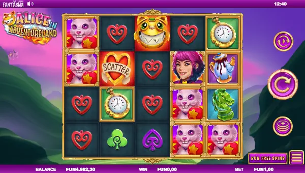 Alice in Adventureland base game screenshot showing reels and features