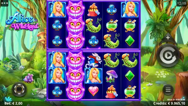 Alice in WildLand base game screenshot showing reels and features