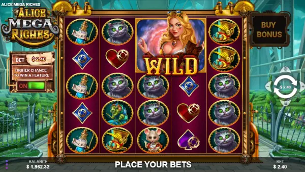 Alice Mega Riches base game screenshot showing reels and features