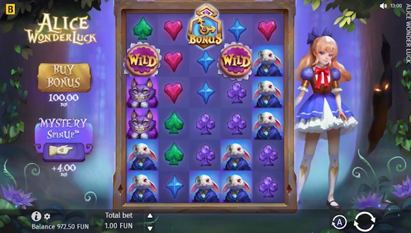 Alice Wonderluck base game screenshot showing reels and features