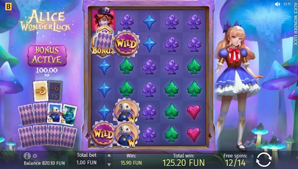Screenshot of Alice Wonderluck slot demo showing reels and bonus game features
