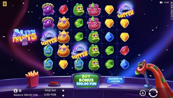 Alien Fruits 2 base game screenshot showing reels and features