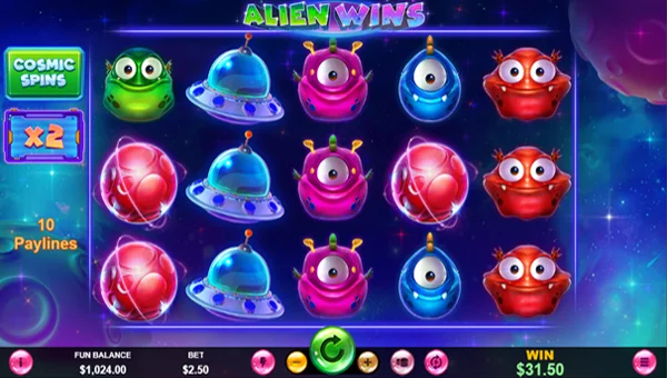 Alien Wins base game screenshot showing reels and features