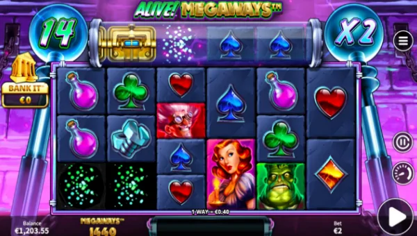 Alive Megaways base game screenshot showing reels and features