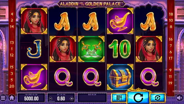 Alladin And The Golden Palace base game screenshot showing reels and features