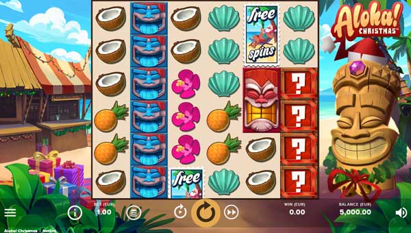 Aloha Christmas base game screenshot showing reels and features