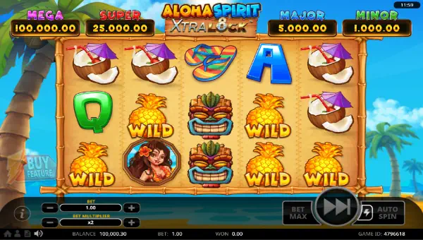 Aloha Spirit XtraLock base game screenshot showing reels and features