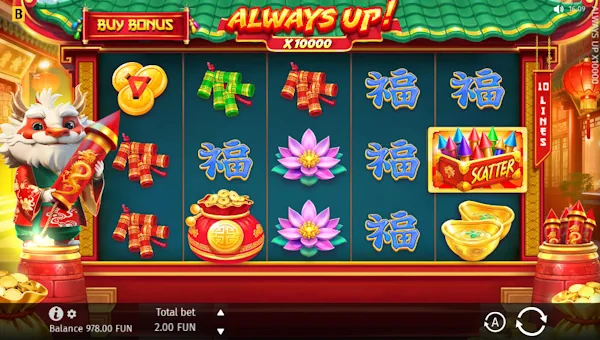 Always Up X10000 base game screenshot showing reels and features