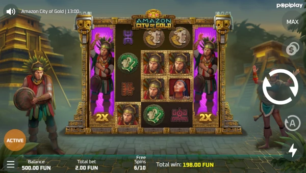 Screenshot of Amazon City of Gold slot demo showing reels and bonus game features