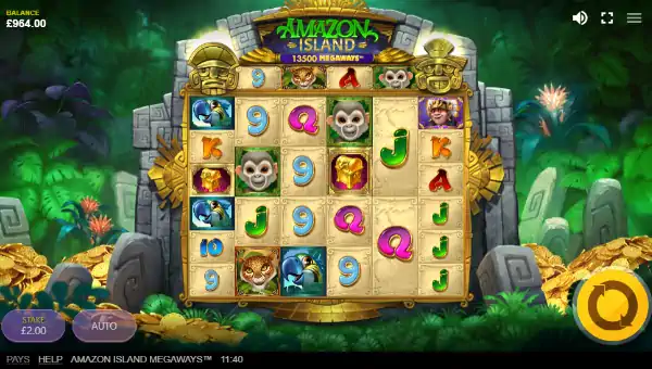 Amazon Island Megaways base game screenshot showing reels and features