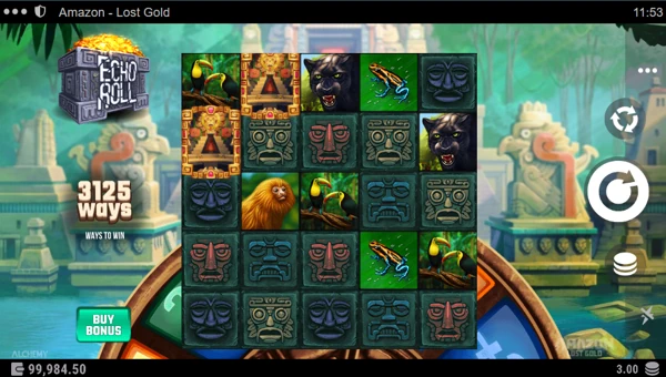 Amazon Lost Gold base game screenshot showing reels and features