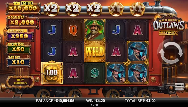 American Outlaws MultiMax base game screenshot showing reels and features