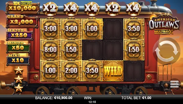 Screenshot of American Outlaws MultiMax slot demo showing reels and bonus game features