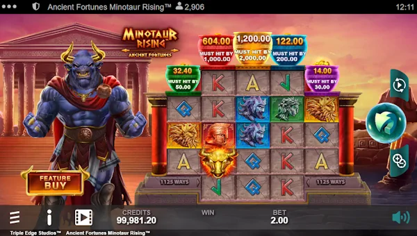 Ancient Fortunes Minotaur Rising base game screenshot showing reels and features