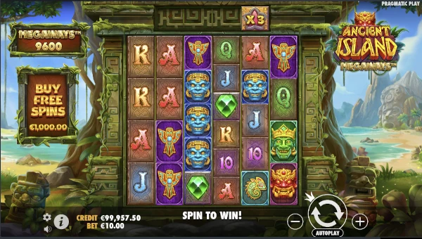 Ancient Island Megaways base game screenshot showing reels and features
