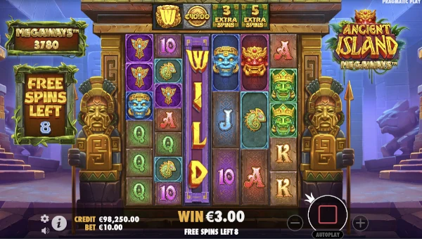 Screenshot of Ancient Island Megaways slot demo showing reels and bonus game features