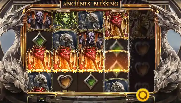 Ancients Blessing base game screenshot showing reels and features