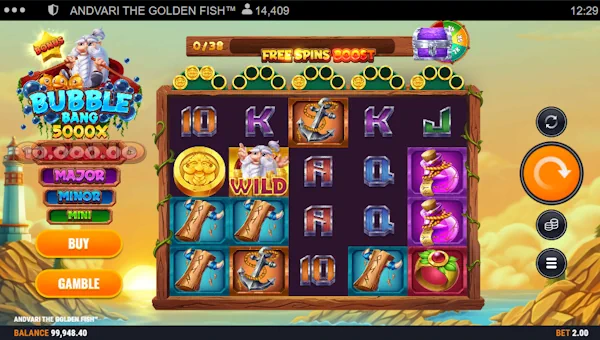 Andvari The Golden Fish base game screenshot showing reels and features