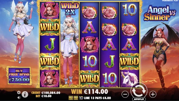 Angel vs Sinner base game screenshot showing reels and features