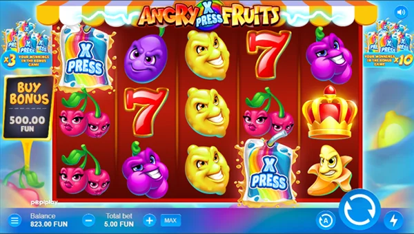 Angry Fruits base game screenshot showing reels and features