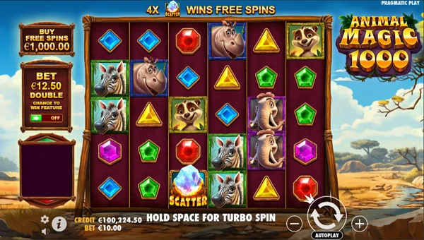 Animal Magic 1000 base game screenshot showing reels and features