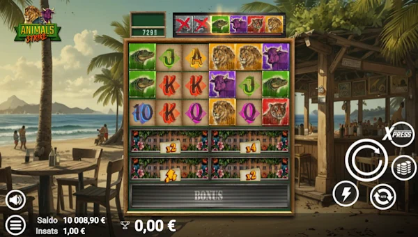 Animals Strike base game screenshot showing reels and features