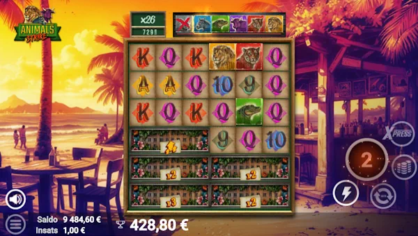 Screenshot of Animals Strike slot demo showing reels and bonus game features